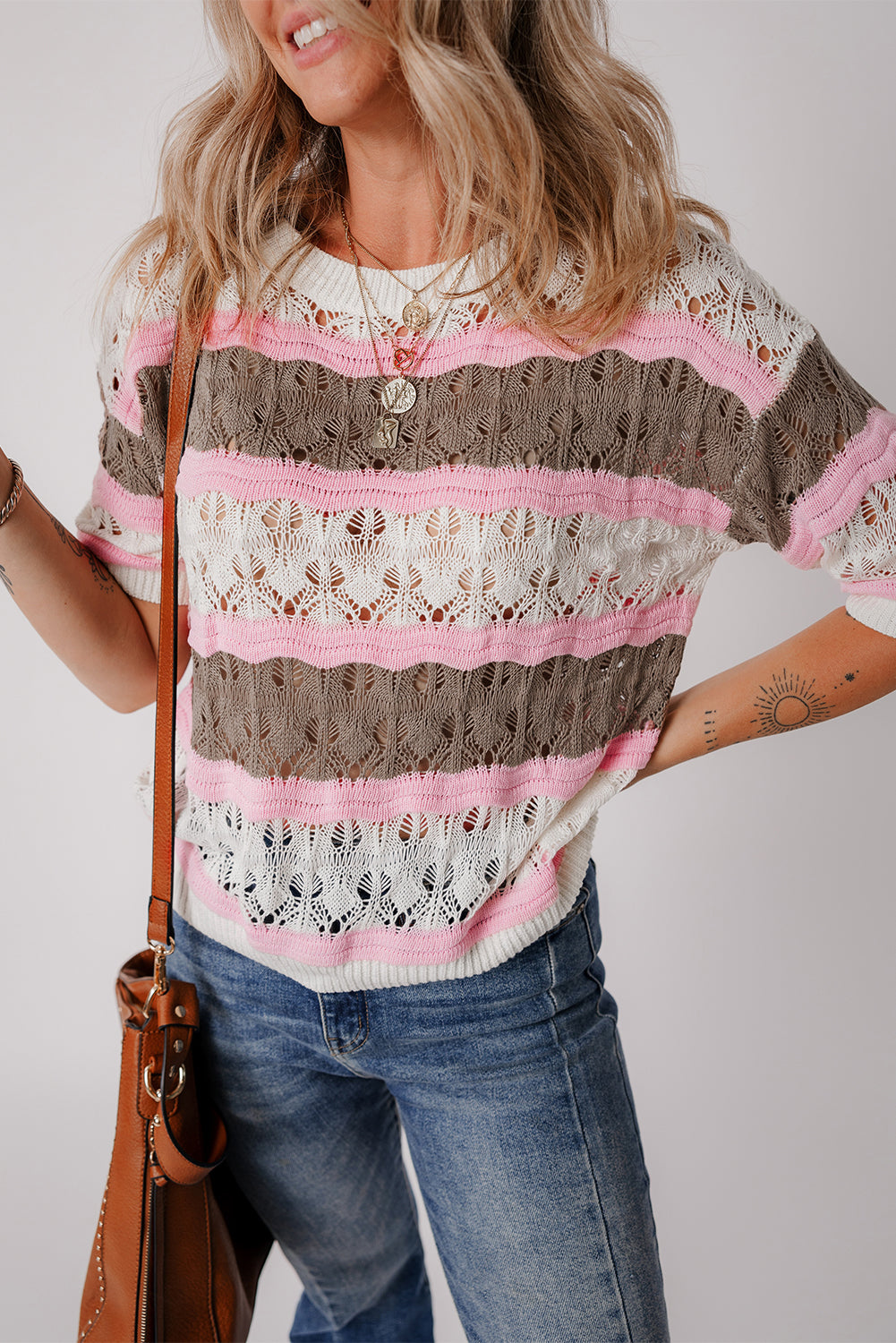 FINAL SALE--Brown Stripe Crochet Half Sleeve Sweater (on hand)