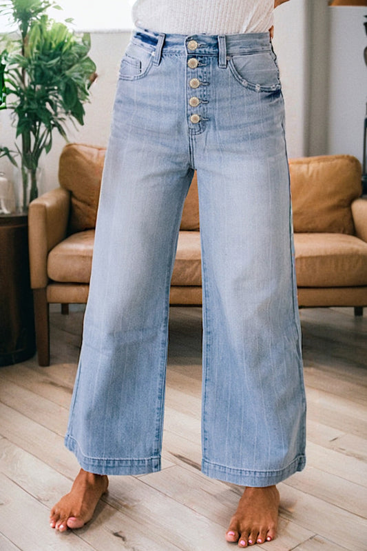 Beau Blue Button Front Pinstripe Wide Leg Jeans
