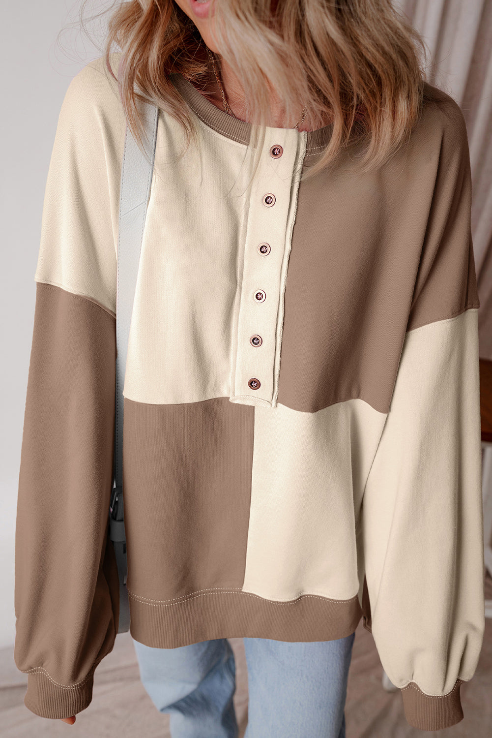 Brown Colorblock Henley Oversize Sweatshirt