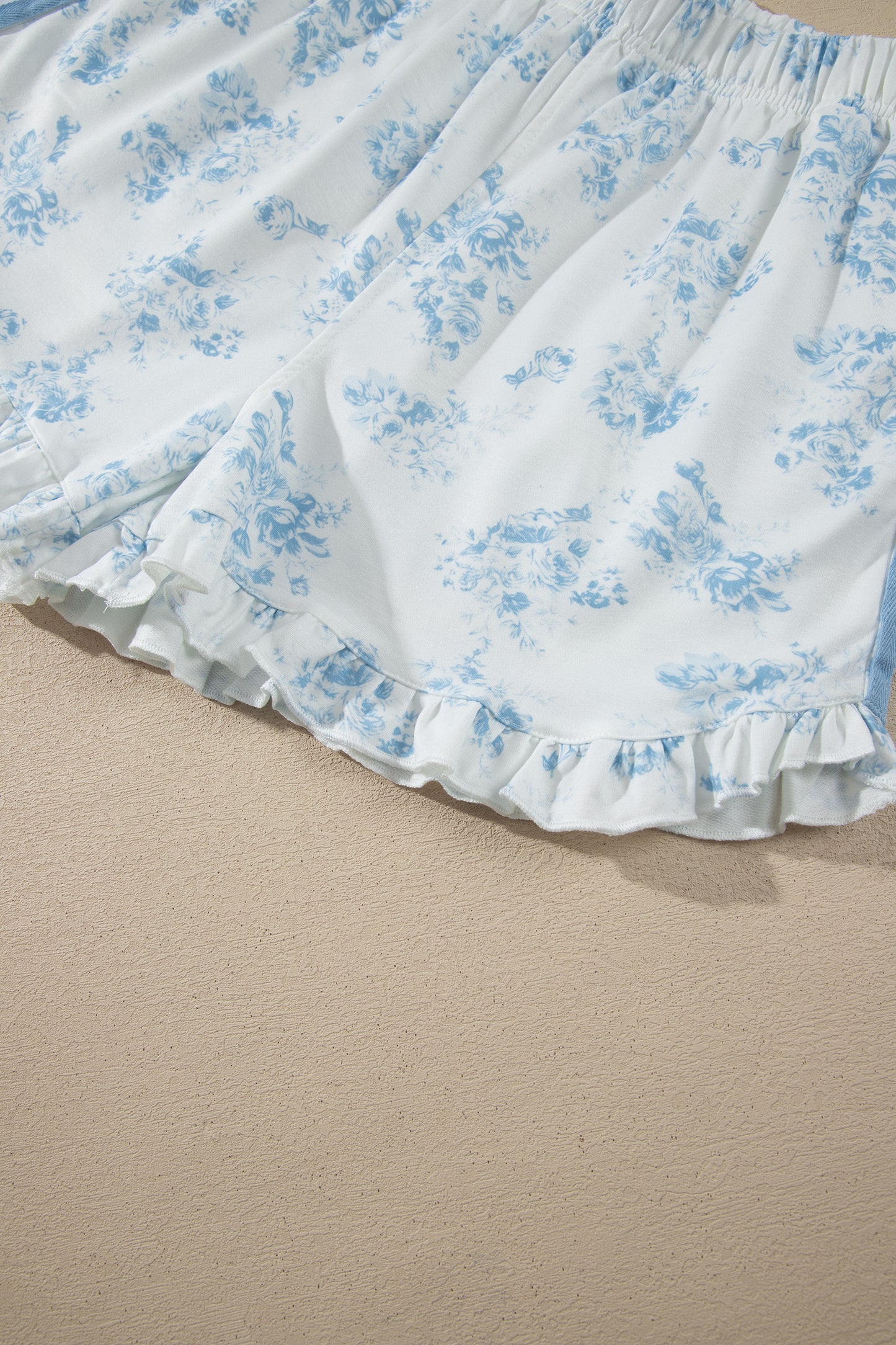 Sky Blue Floral Long Sleeve Top Ruffle Hem Shorts Set
