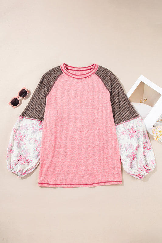 Pink Patchwork Sleeve Plus Size Top