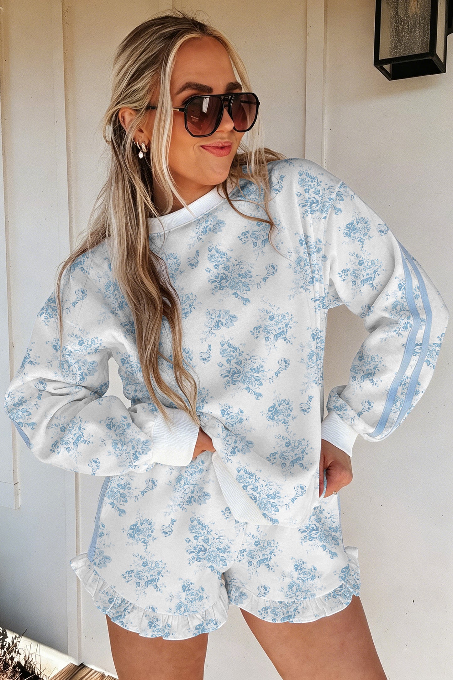 Sky Blue Floral Long Sleeve Top Ruffle Hem Shorts Set