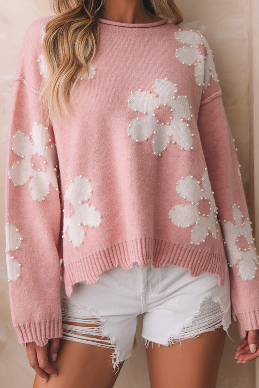 Pink Pearl Beaded Floral Drop Shoulder Sweater (on hand)