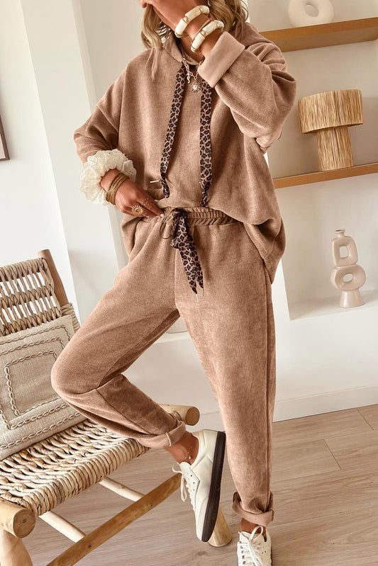Dark Khaki Leopard Drawstring Corduroy Set