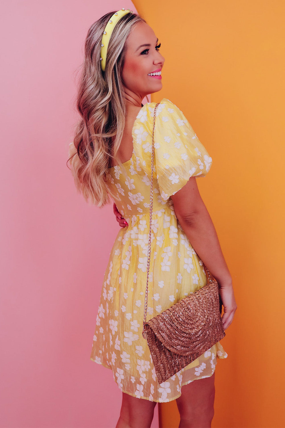 FINAL SALE--Yellow Boho Flower Puff Sleeve Mini Dress (on hand)