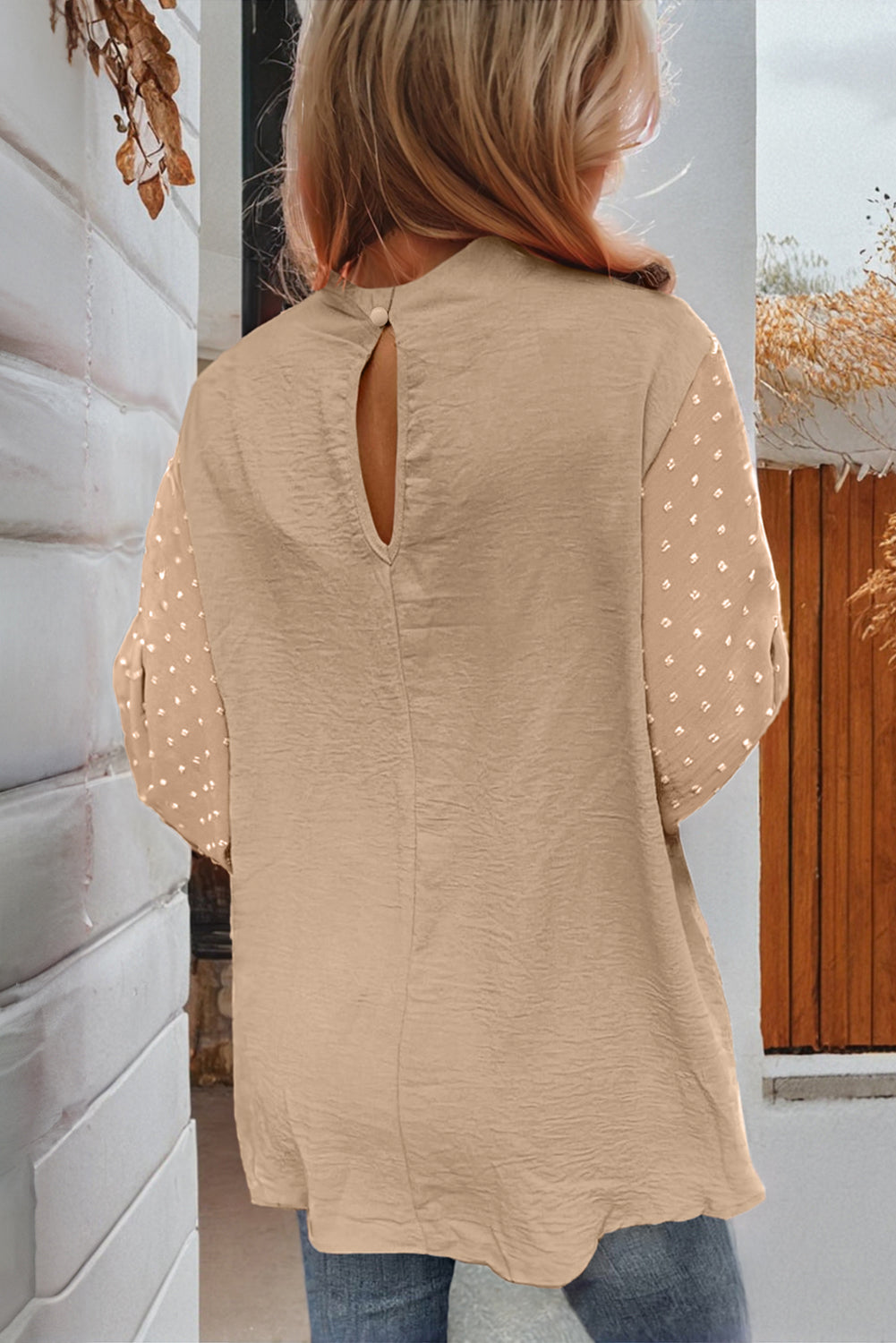 Beige Swiss Dot Balloon Sleeve Blouse