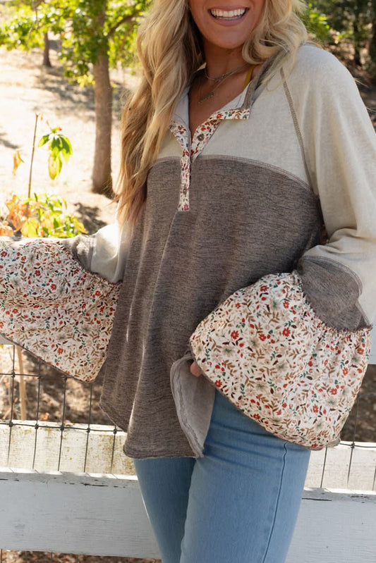 Brown Floral Flared Sleeve Top