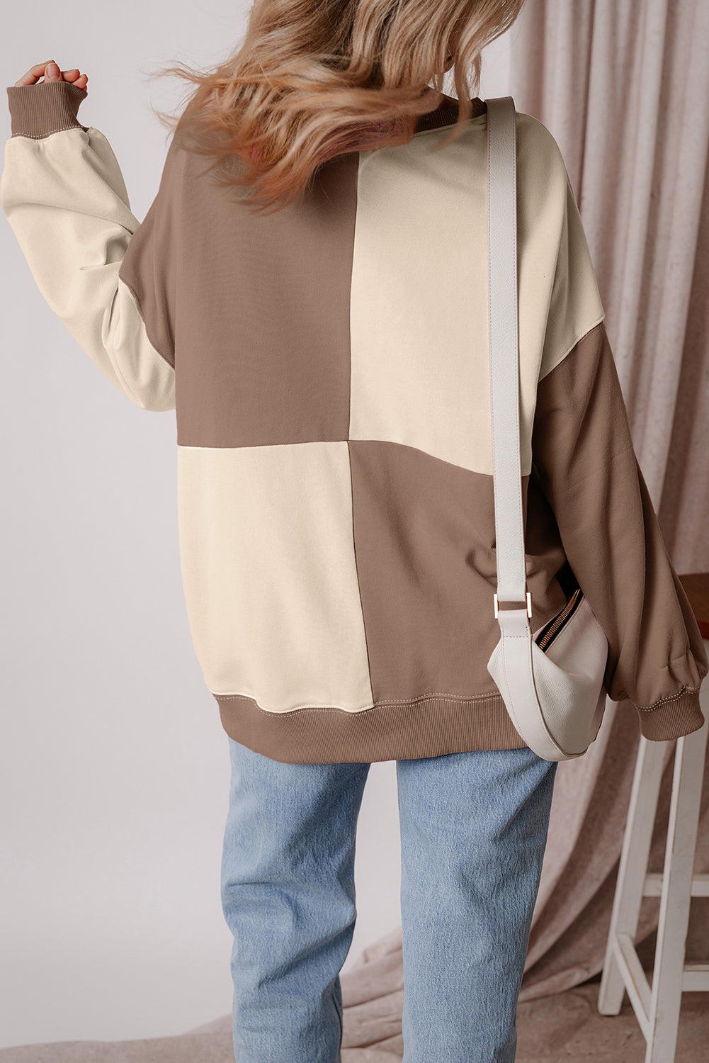 Brown Colorblock Henley Oversize Sweatshirt