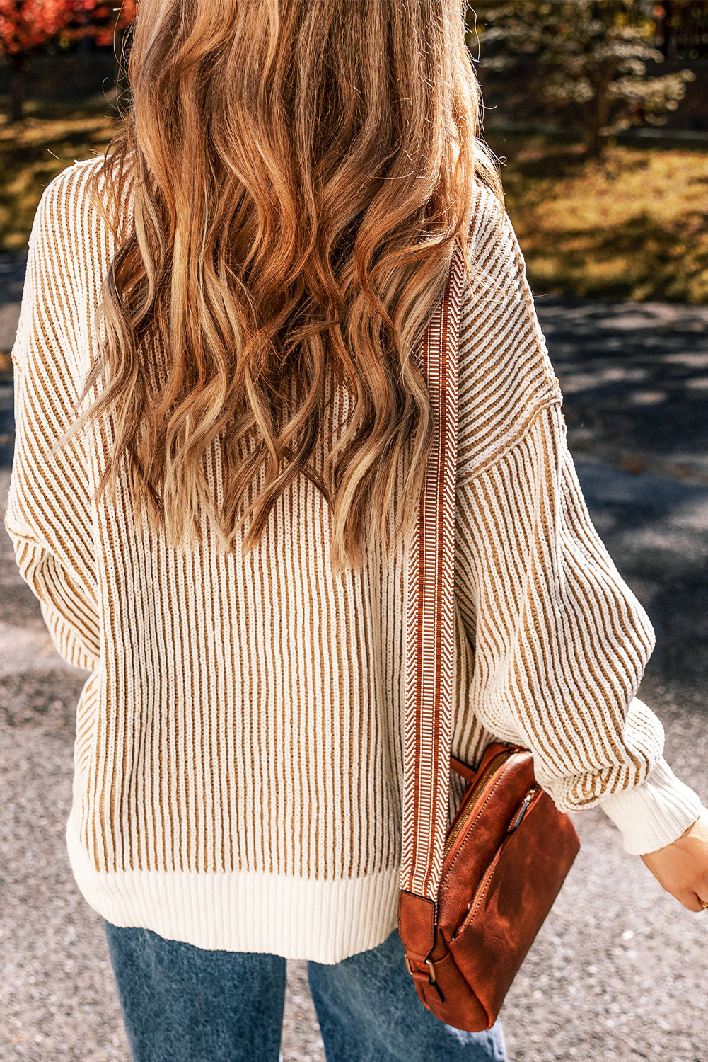 Beige Striped Loose Sweater