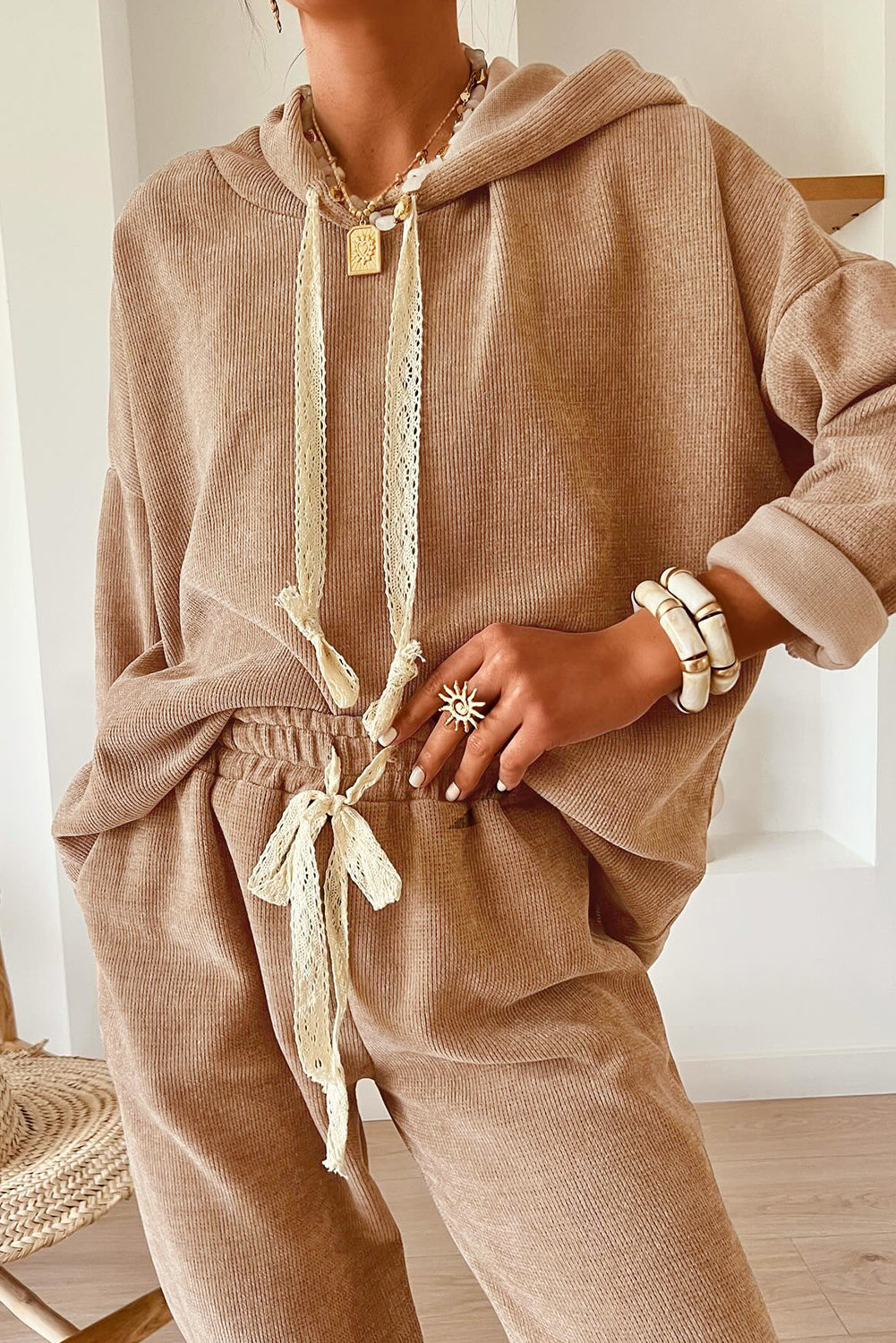 Smoke Gray Lace Drawstring Corduroy Set