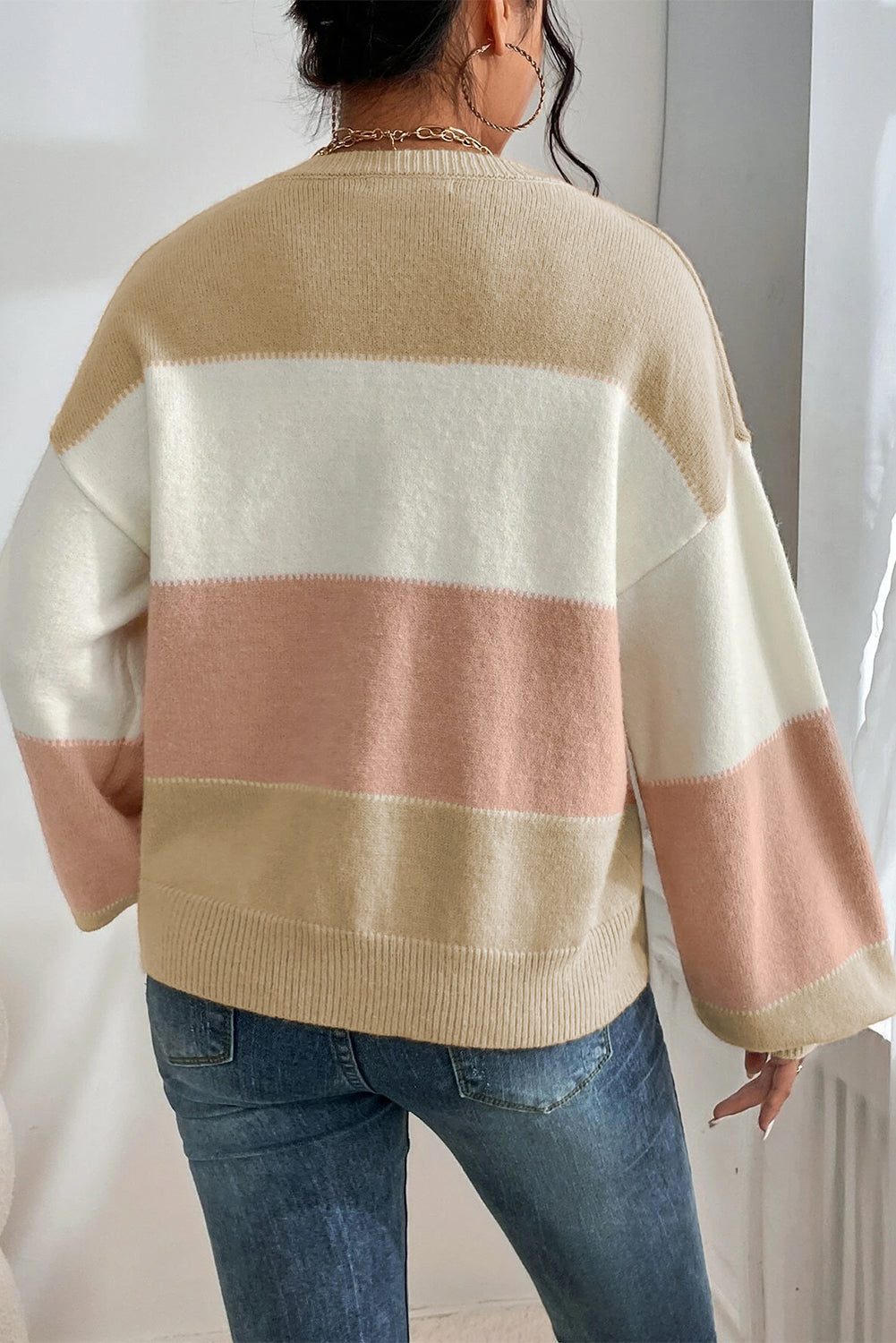 Khaki & Pink Lantern Sleeve Sweater