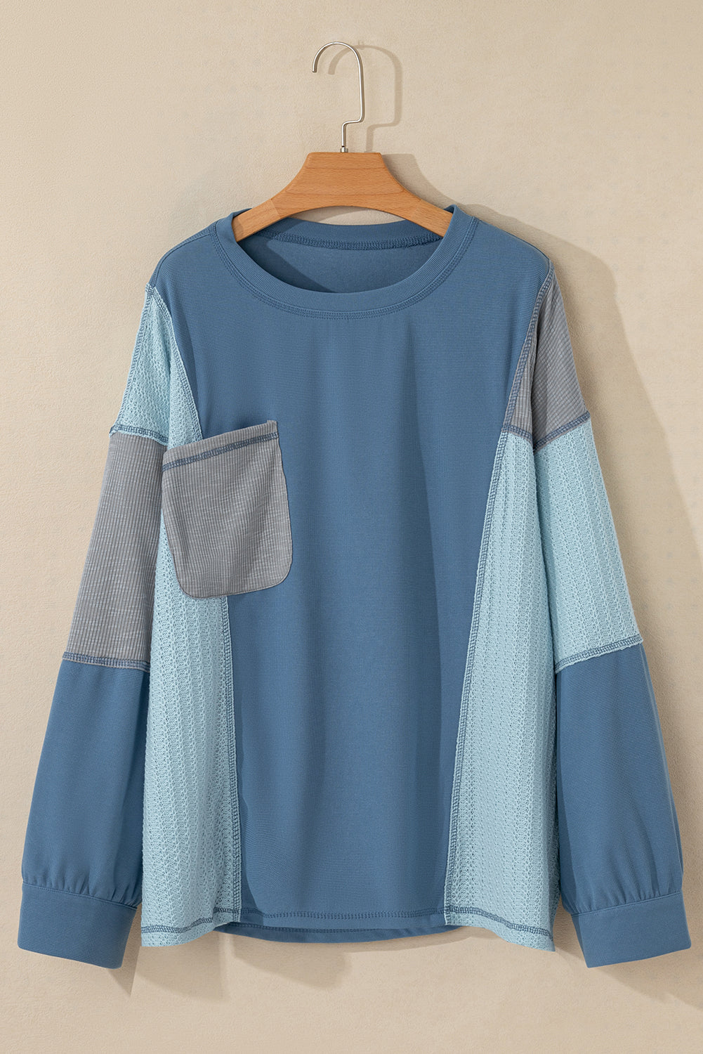 Blue Patchwork Buttoned Sleeve Top