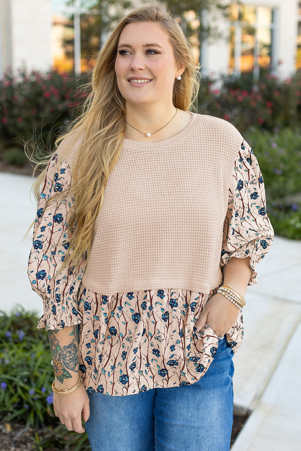 Beige & Floral Layers Plus Size Top