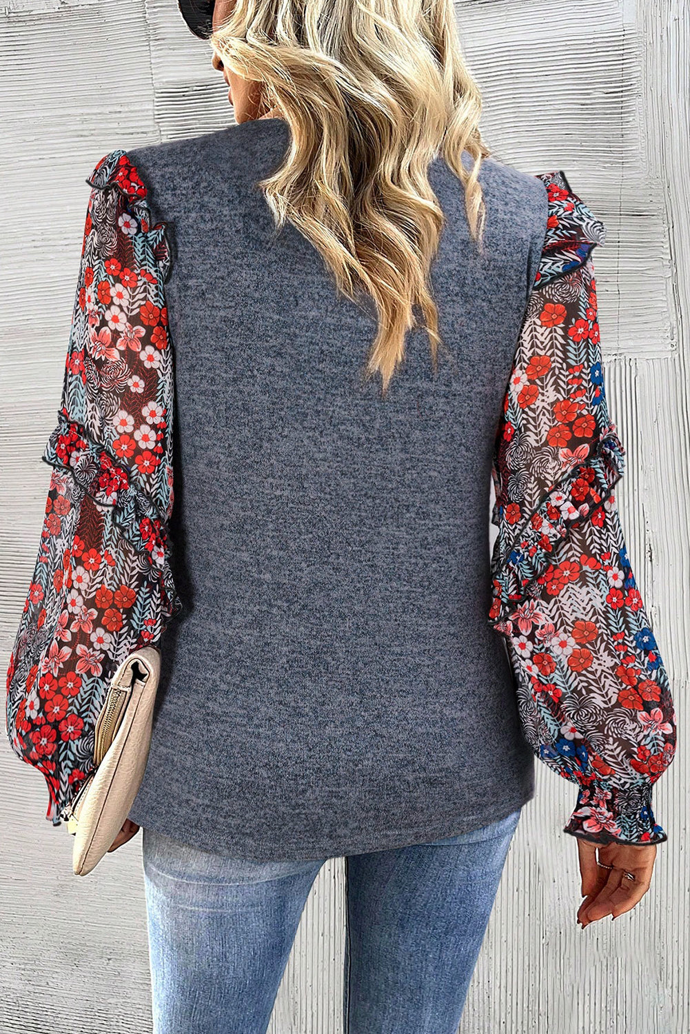 Blue Tiered Floral Sleeve Blouse