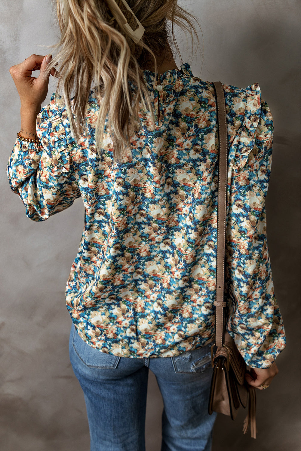 Blue Floral Frilled Blouse