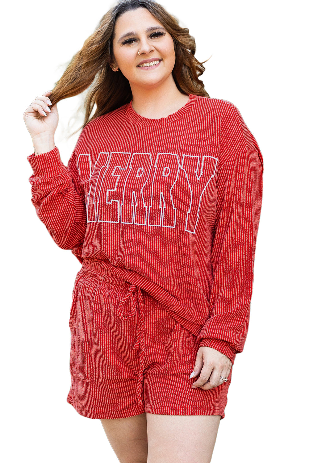 Red MERRY Ribbed Knit Plus Size Set