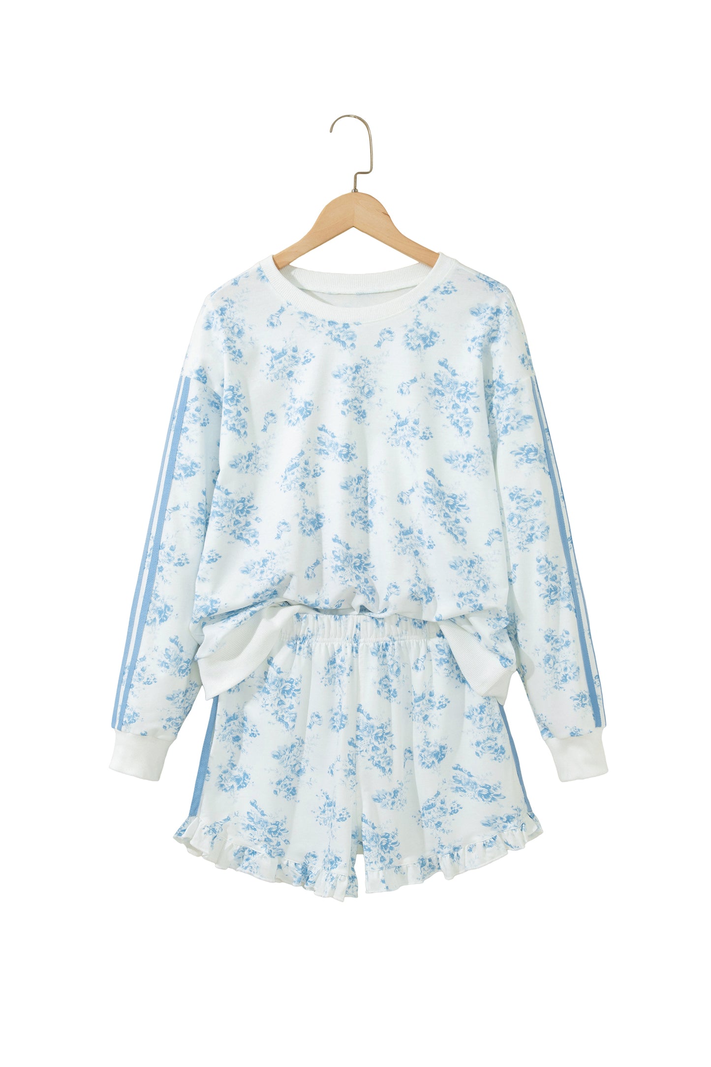 Sky Blue Floral Long Sleeve Top Ruffle Hem Shorts Set