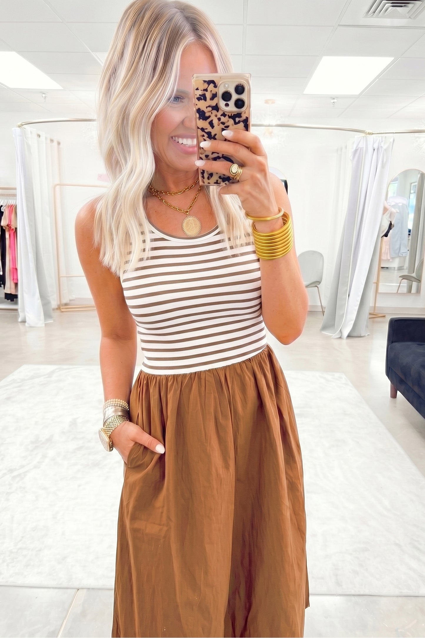 Chestnut Striped Colorblock Sleeveless Long Dress
