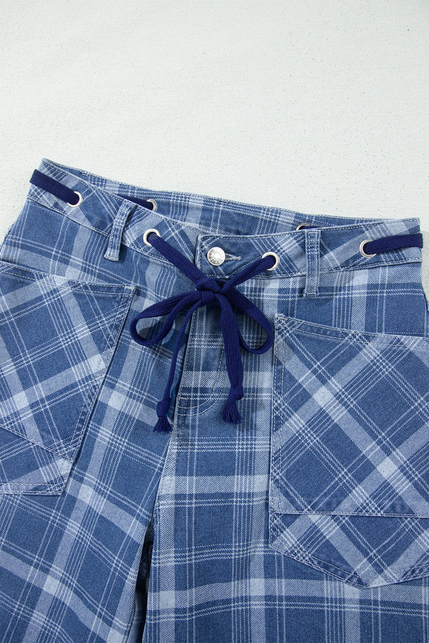 Blue Plaid Denim Drawstring Ankle-Length Jeans