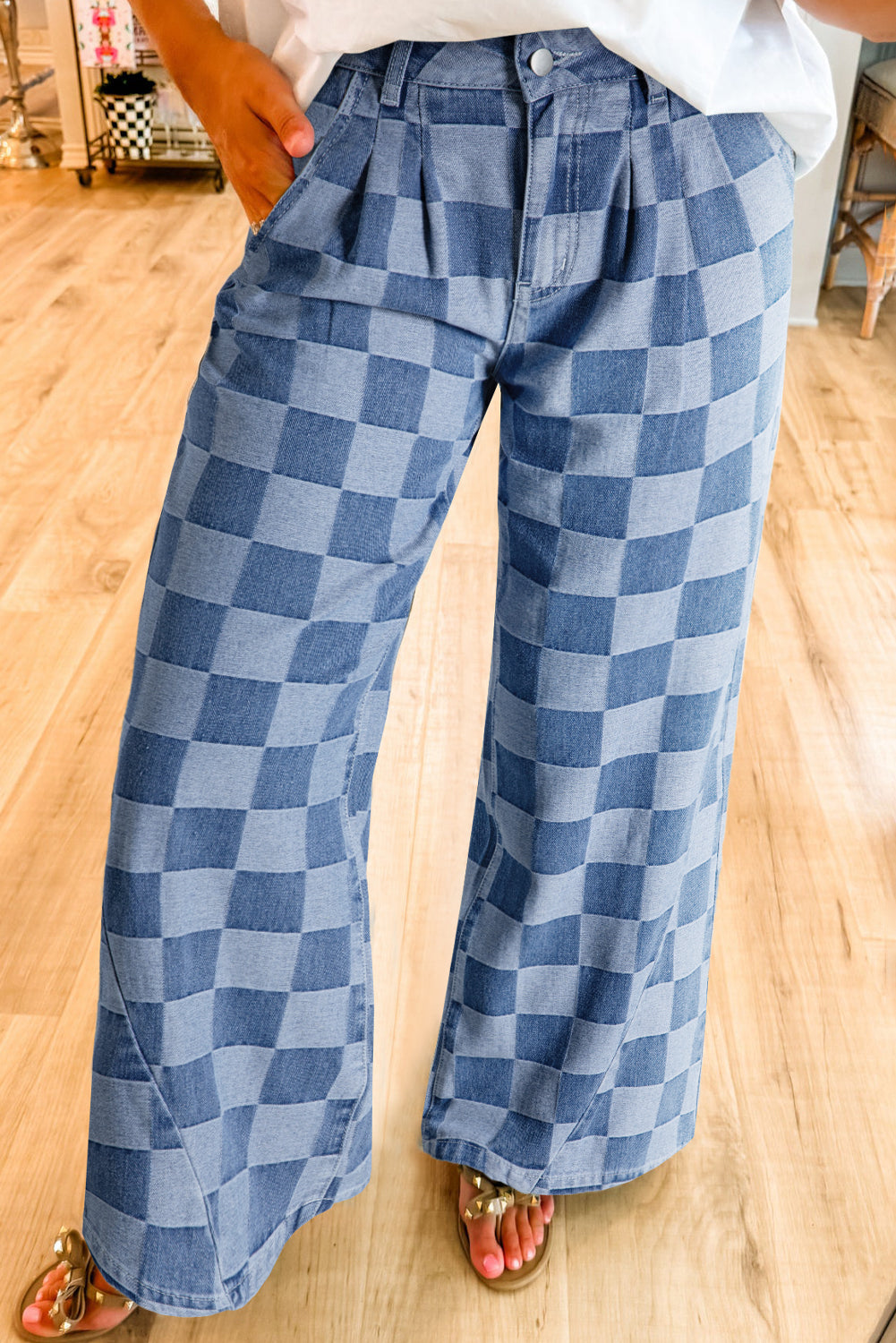 Blue Checkered Denim Wide Leg Jeans