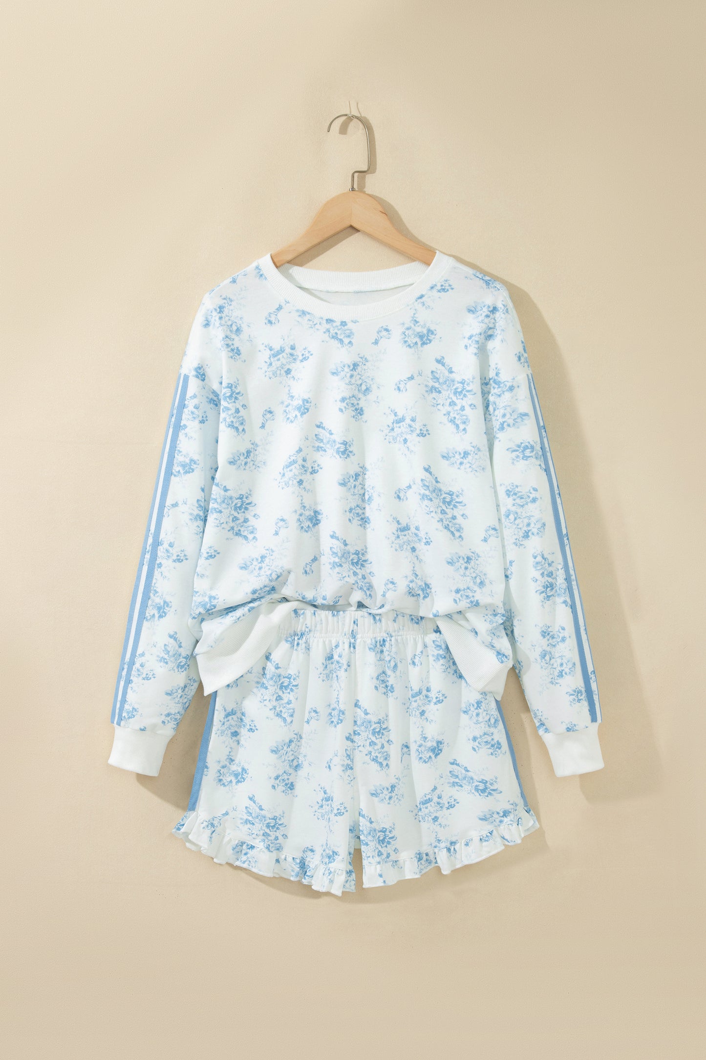 Sky Blue Floral Long Sleeve Top Ruffle Hem Shorts Set